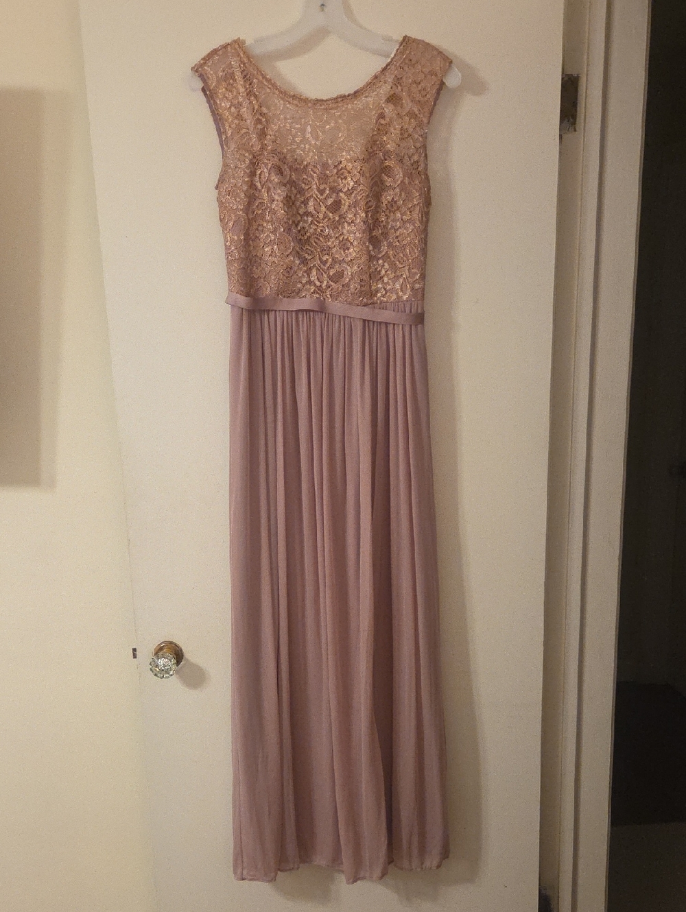 David's Bridal Lace Bodice Maxi Dress in Dusty Rose and Rose Gold